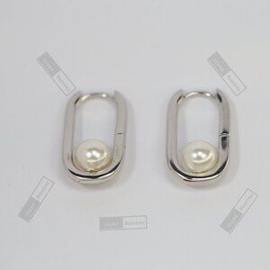 Sterling Silver Oval Pearl Earrings • Rhodium Finish • 2 cm Lightweight Design.